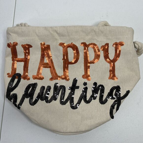 Mudpie Halloween Dazzle Bucket Tote Happy Haunting Sequin Trick or Treat NEW - Picture 7 of 15